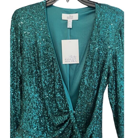 $398 Belle Badgley Mischka Sequin 2pc Suit Ivanna Wrap Top & Iris Pant Sz2 Green - Picture 8 of 11
